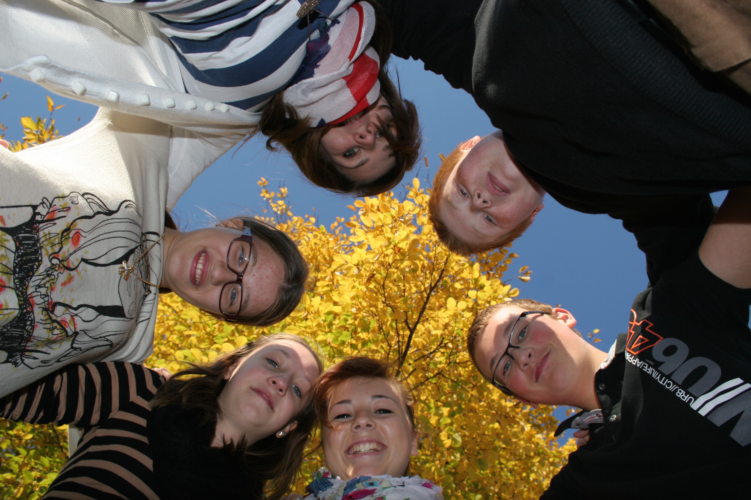 6 Kinder schauen von oben nach unten und lachen dabei